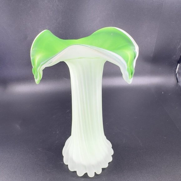 1970s Frosted Green Leaf Shaped Top Glass Vase Vessel Jack In The Pulpit Vintage - Picture 11 of 16